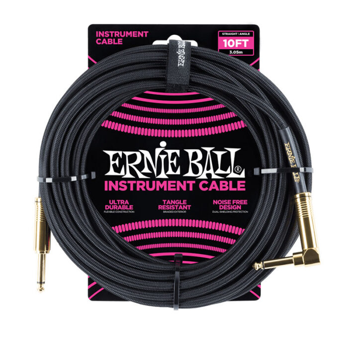 ERNIEBALL Braided Instrument Cable Straight/Angle 10ft - Black w/Gold Connectors P06081